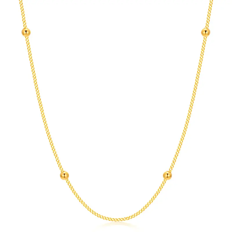 18K Gold 3 mm Ball Beads Station Choke Cuban chain Necklace