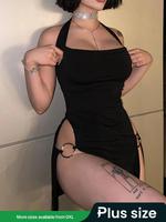 【Plus Size】 Ring Linked Backless Split Thigh Bodycon Dress, Solid Halter Neck Sleeveless Dress for Party Club Dating Wear...