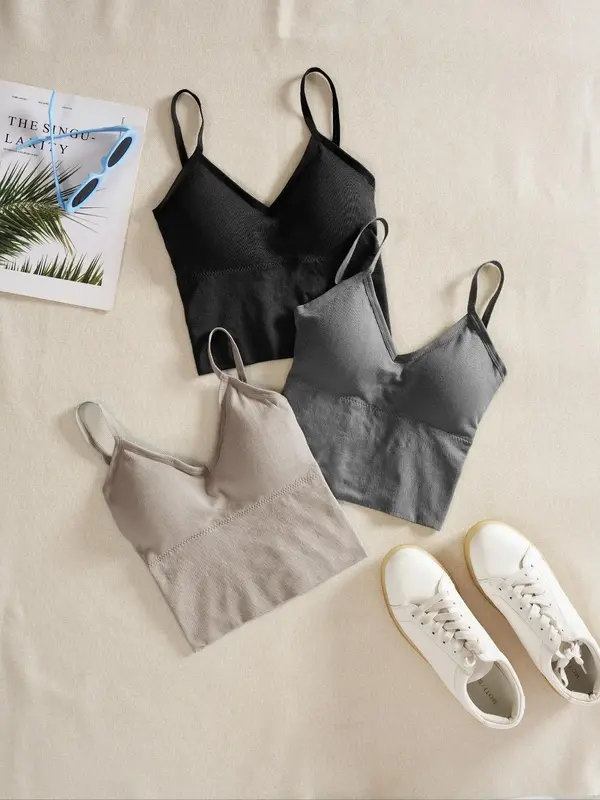 Women's 3pcs Solid Criss Cross Backless Crop Sports Vest, Casual V Neck Cut Out Crop Camisole for Yoga Gym Workout Running, L...