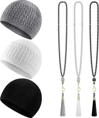 6 Pieces Kufi Hats for Men and Muslim Prayer Beads Set Include 3 Handicraft Knitted Hat Stretchy Taqiyah Cap and 3 Tasbih 99 ...