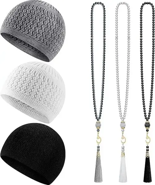 6 Pieces Kufi Hats for Men and Muslim Prayer Beads Set Include 3 Handicraft Knitted Hat Stretchy Taqiyah Cap and 3 Tasbih 99 ...