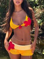 Two-piece Set Women's Flower Decor Halter Crop Top & Colorblock Shorts, Fashion Hollow Out Tie Back Top & Shorts for Beach Ho...