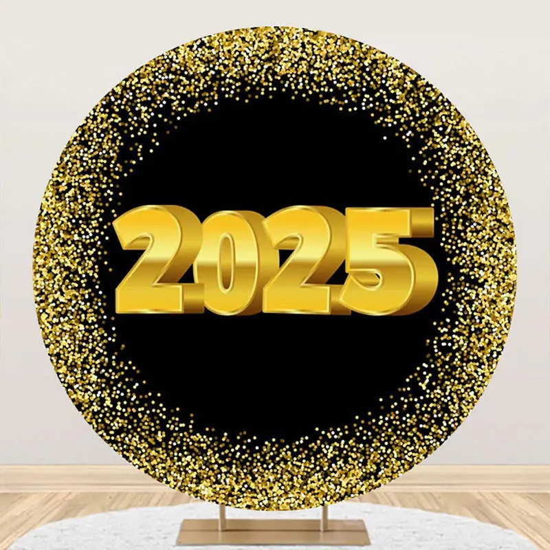 Aperturee Black Gold Sparkle 2025 Round Graduation Backdrop - Aperturee