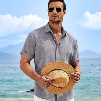 COOFANDY men's linen shirt short sleeved casual shirt men's button up shirt 2024 summer beach leisure vacation shirt, suitabl...