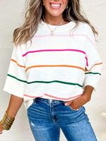 Women's Striped Print Sweater, Casual Short Sleeve Round Neck Jumper for Daily Wear, Ladies Knitwear for Spring & Fall