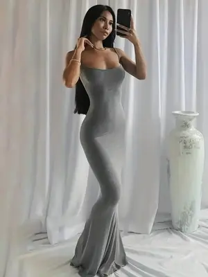 Women's Summer Plain Scoop Neck Cami Mermaid Bodycon Dress, Formal Chic Elegance Spaghetti Strap Maxi Evening Party Dresses f...