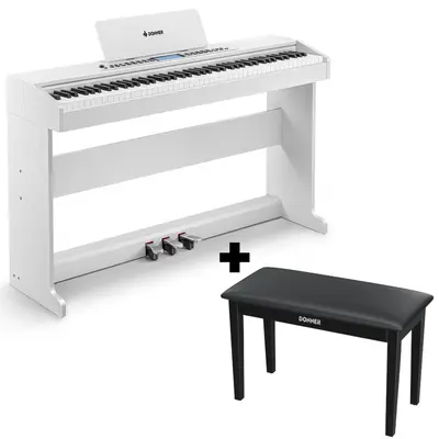 Donner DDP-95 Weighted Upright Digital Piano - White / Piano+Two-Seater Bench