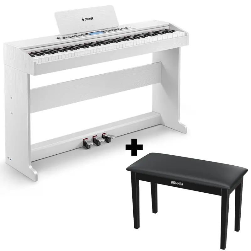 Donner DDP-95 Weighted Upright Digital Piano - White / Piano+Two-Seater Bench