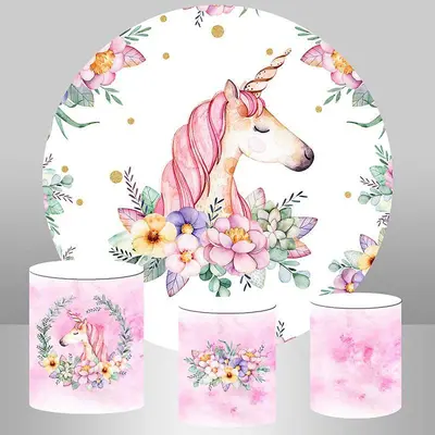 Aperturee Pink Purple Floral And Unicorn Round Birthday Backdrop | Birthday Backdrop Ideas | Custom Round Birthday Backdrop |...