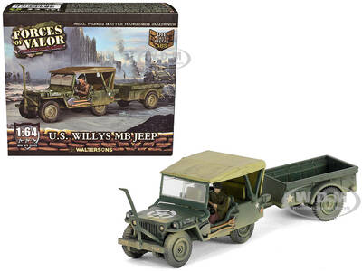 Willys MB Jeep with Trailer Olive Drab (Weathered) with Driver Figure United States Army Mini AFV Series 1/64 Diecast Mod...