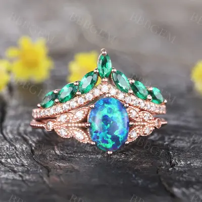 Oval Black Opal Ring Diamond Emerald Crown Curve Eternity  Band Set