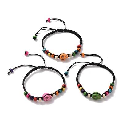 Synthetic Turquoise Skull & Wood Disc Braided Bead Bracelet for Halloween