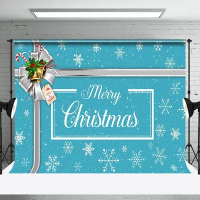 Aperturee Snow Gift Bow Tie Bell Blue Merry Christmas Backdrop - Aperturee