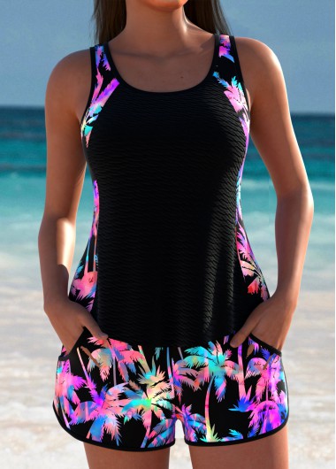 Modlily Mid Waisted Tropical Plants Print Black Tankini Set - XXL