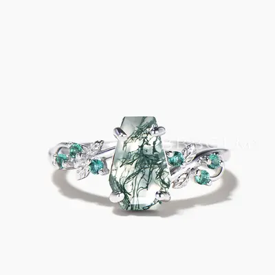 Nature Inspired Ring Coffin Cut Natural Moss Agate Emerald Engagement Ring
