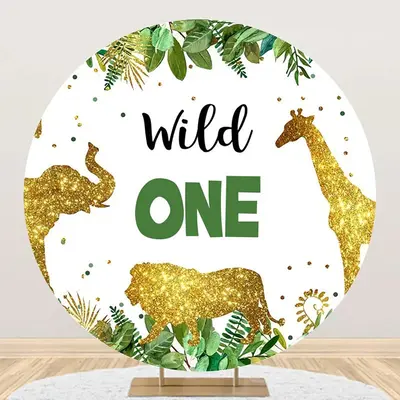 Wild One Glitter Animals Round Birthday Backdrop - Aperturee