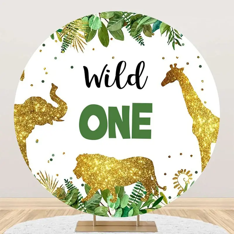 Wild One Glitter Animals Round Birthday Backdrop - Aperturee