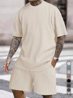 Two-Piece Set Men's Solid Textured Drop Shoulder Short Sleeve Tee & Drawstring Waist Shorts Set, Spring & Summer Clothes, Bac...