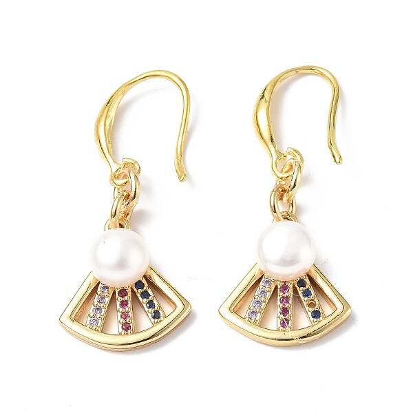 Colorful Cubic Zirconia Fan Dangle Earrings with Natural Pearl Beaded