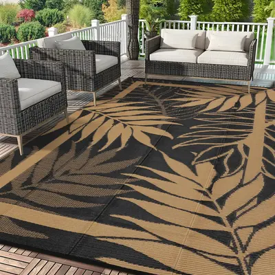 Garvee Heavy Duty Outdoor Black Brown Plastic Mat - Waterproof Reversible Area Rug for Patio, Garden, Backyard, Picnic - Mode...