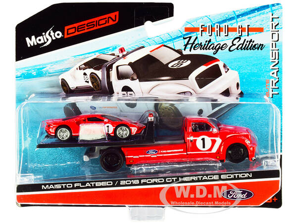 2018 Ford GT 1 Heritage Edition with Flatbed Truck Red with White Stripes \