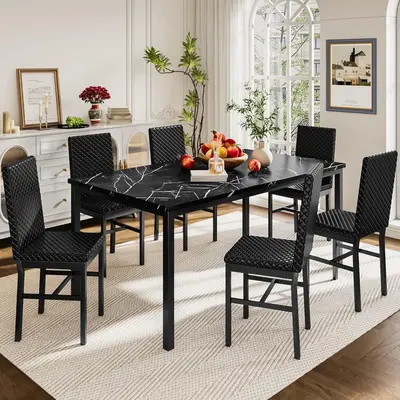 Recaceik 7 Piece Dining Table Set for 6 Large Modern Dinner Table Set with PU Leather Chairs Faux Marble Top & Metal Frame Ki...