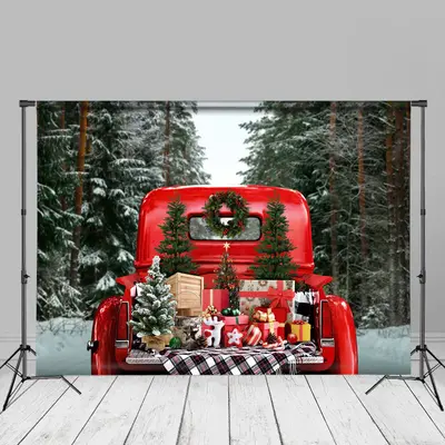 Pine Forest Red Truck Presents Christmas Backdrop - Aperturee