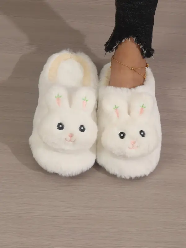 Women's Cute Rabbit Design Bedroom Slippers, Trendy Fluffy Soft Warm Bedroom Slippers,  Slippers for Fall & Winter, Fashion F...