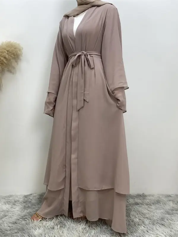 Women's Solid Color Chiffon Abaya with Belt, Elegant Long Sleeve Open Front Abaya for Party Wedding Guest, Ladies Islamic Clo...