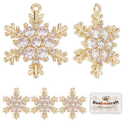 Beebeecraft 10Pcs 18K Gold Plated Snowflake Charms Cubic Zirconia Winter Christmas Charm Pendants for Crafting Bracelet Neckl...