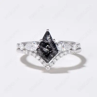 Silver 7x10mm Kite Black Rutilated Quartz Moissanite Bridal Ring Set