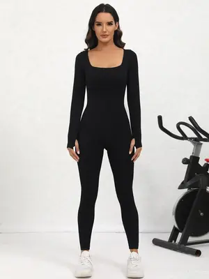 Women's Solid Thumb Holes Long Sleeve Sports Skinny Jumpsuit, Comfy Breathable Scoop Neck Tight Sleeve Sports Jumpsuit For Yo...