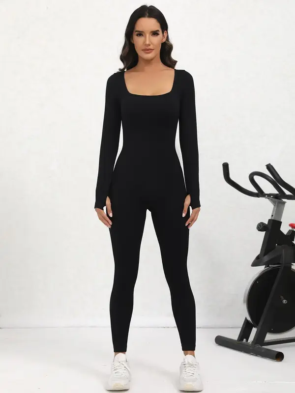 Women's Solid Thumb Holes Long Sleeve Sports Skinny Jumpsuit, Comfy Breathable Scoop Neck Tight Sleeve Sports Jumpsuit For Yo...