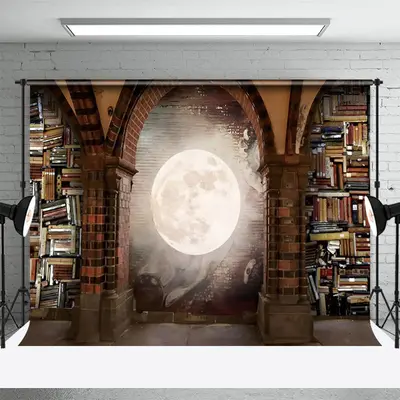 Book Brick Wall Arch Moon World Book Day Backdrop - Aperturee