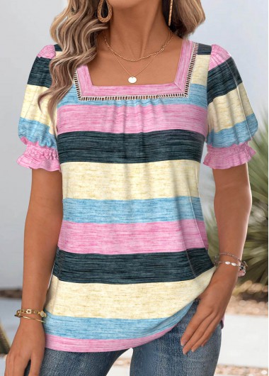 Modlily Multi Color Striped Short Sleeve Square Neck T Shirt - XL