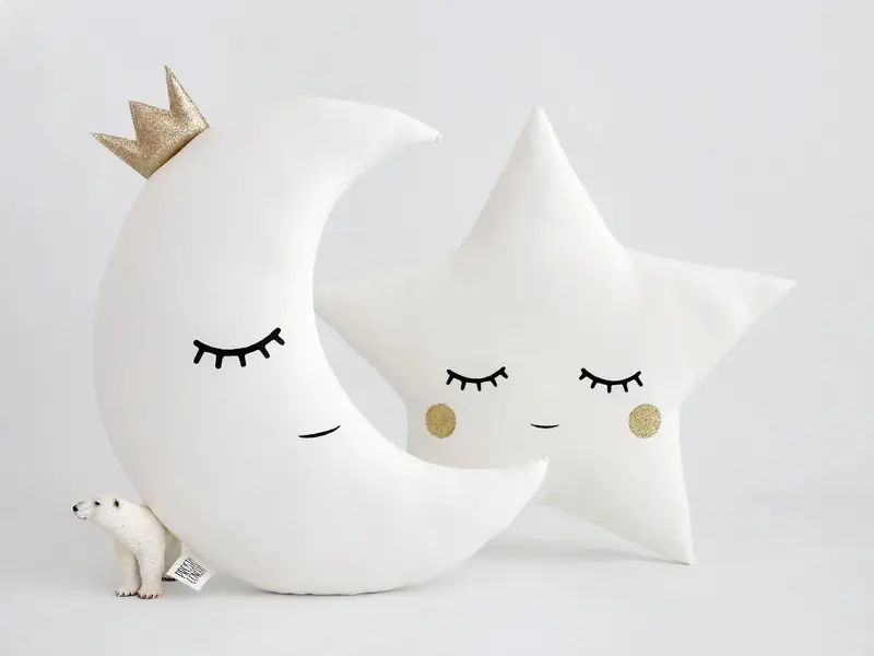 Set of 2 White Pillows - Crescent Moon and Star Pillows with Glitter Touch (5 colors)