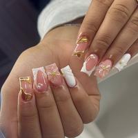 White French Tip with Floral and Gold Accents Handmade Press-On Nails – Classic Romance with a Luxe Finish – Nail Art, Na...