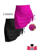 Women's Solid Color Scallop Trim Asymmetrical Hem High Waist Swim Skirt with Built-in Shorts, High Stretch Casual Fashion All...