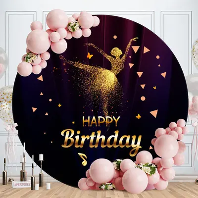 Aperturee Gold Glitter Dancer Round Girls Happy Birthday Backdrop