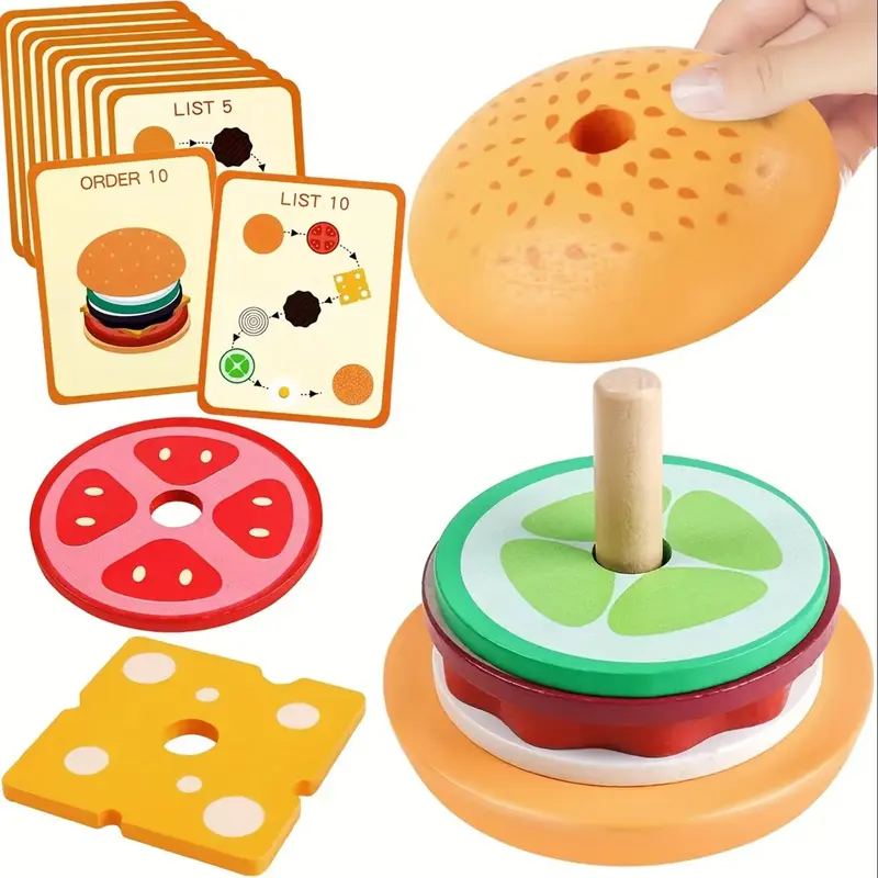 Montessori Burger Stacking Toy Set, 1 Set Fine Motor Skills Wooden Burger Toy With Order Card, Preschool Educational Toy For ...
