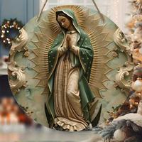 Vintage Our Lady of Guadalupe Wooden Sign, 2D Relief Effect Design Round Sign for Wall Window Hanging Decor, Ideal Festival D...