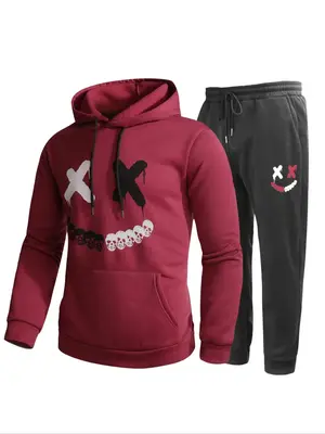 Two-Piece Set Men's Cartoon Graphic Print Set, Casual Pocket Long Sleeve Hoodie & Drawstring Sweatpants for Fall & Winter, Me...
