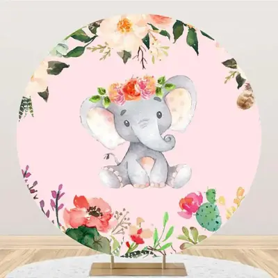 Floral Pink Elephant Round Baby Shower Backdrop - Aperturee
