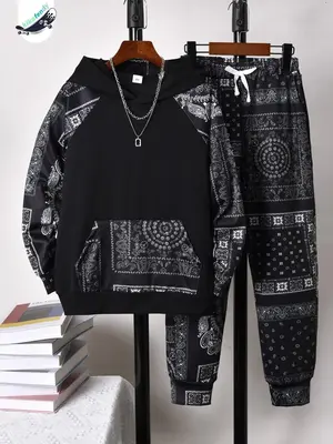 Two-Piece Set Boy's Ethnic Pattern Hoodie & Tie Front Pants, Casual Raglan Sleeve Hooded Sweatshirt & Pocket Trousers for Fa...