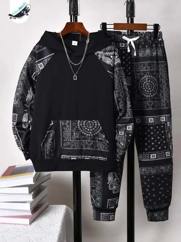 Two-Piece Set Boy's Ethnic Pattern Hoodie & Tie Front Pants, Casual Raglan Sleeve Hooded Sweatshirt & Pocket Trousers for Fa...