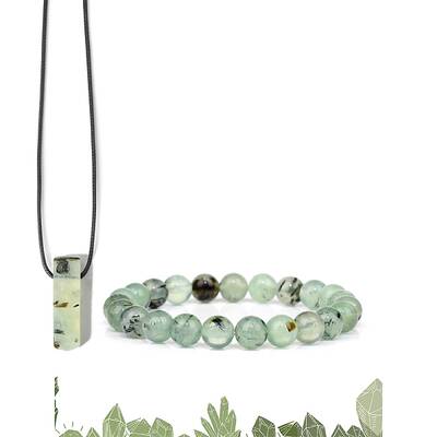 Natural Prehnite Beads Stretch Bracelets & Pendant Necklaces Sets for Men