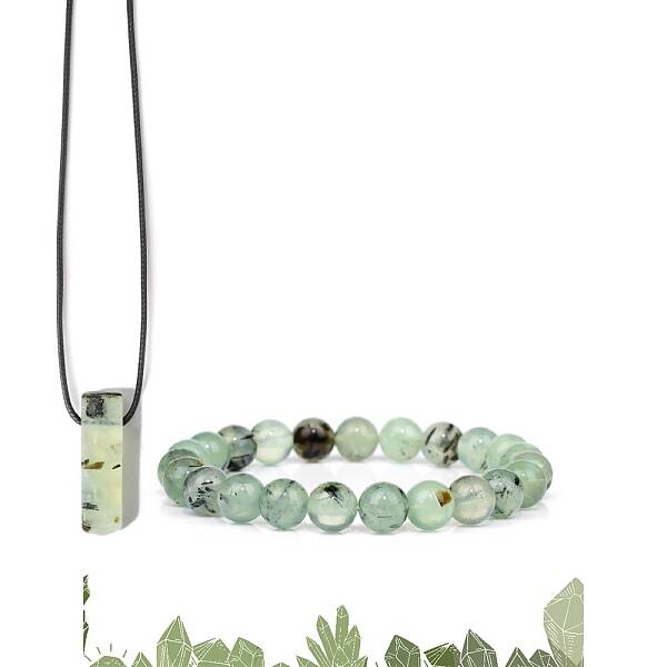 Natural Prehnite Beads Stretch Bracelets & Pendant Necklaces Sets for Men