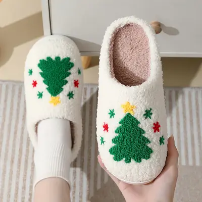 Christmas Home Slippers Cute Cartoon Santa Claus Cotton Slippers For Women And Men Couples Winter Warm Furry Shoes | Color: T...