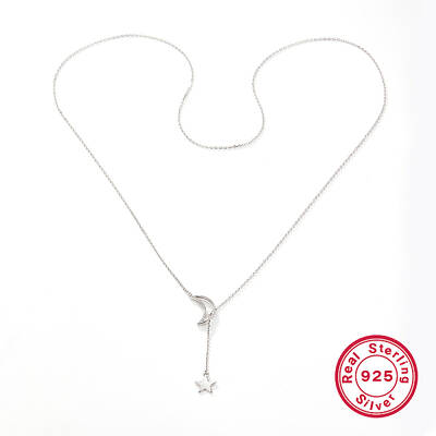 925 Sterling Silver Moon & Star Cable Chain Lariat Necklaces for Women