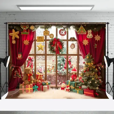 Aperturee Warm Interior Bear Red Curtain Christmas Backdrop